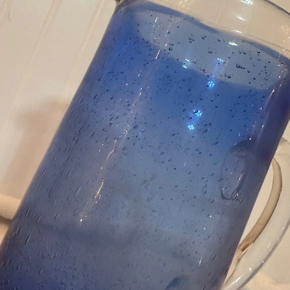 Vintage Seeded Glass Pitcher 10.5in Cobalt Blue Excellent Hand Blown Coastal Art